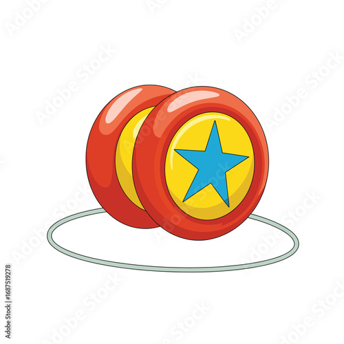 Bright red yo yo toy with blue star on yellow circle