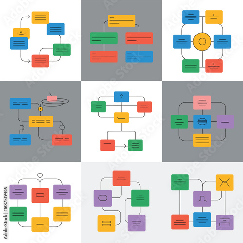 Collection of colorful and diverse business process flowcharts and diagrams