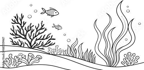 Black and white underwater scene illustration with fish seaweed bubbles and coral reef elements for coloring or design