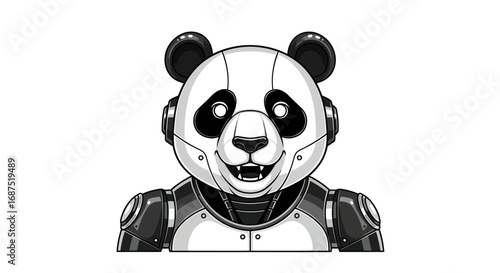Detailed Robotic Panda Bear Head and Shoulders Illustration.