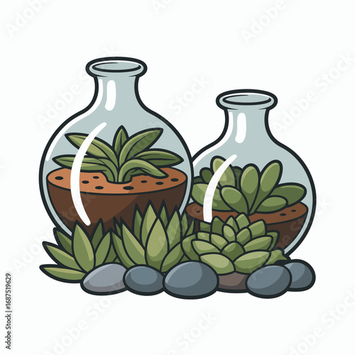 Two glass terrariums filled with succulents and decorative stones
