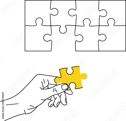 Hand holding puzzle piece, missing piece solution, problem solving concept, flat vector design, business strategy illustration, completing task, finding final element, success achievement