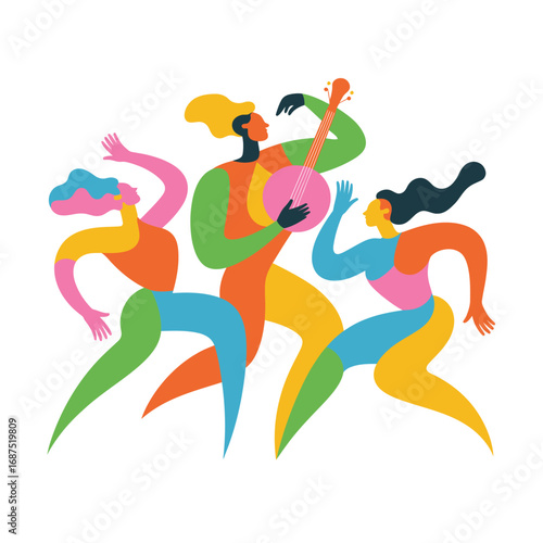 Vibrant abstract illustration of people dancing and playing music