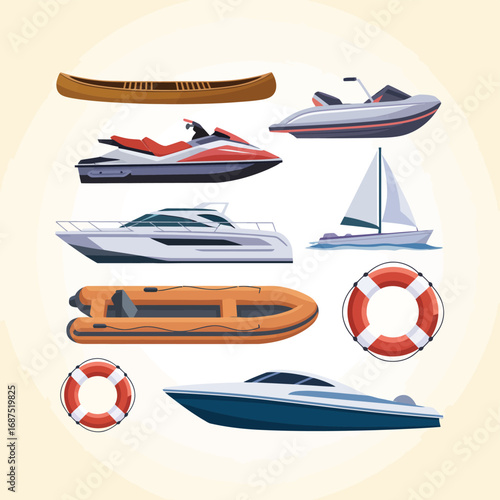 Collection of various watercraft and safety equipment on a light background