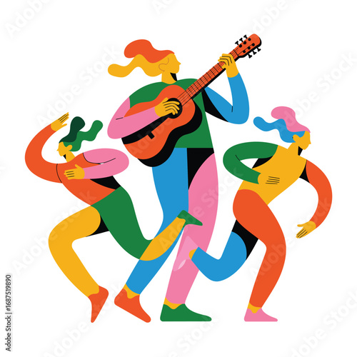 Vibrant abstract illustration of people dancing and playing guitar