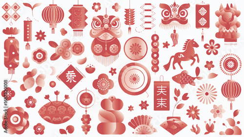 Vibrant red pattern celebrating Chinese New Year with traditional decorations and symbols of prosperity