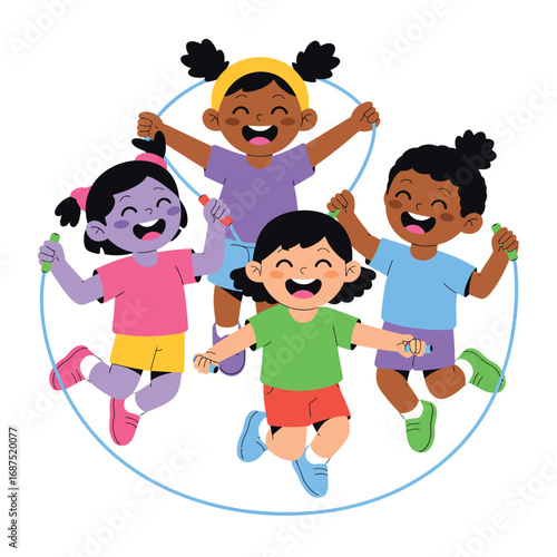 Diverse group of happy children jumping rope together outdoors