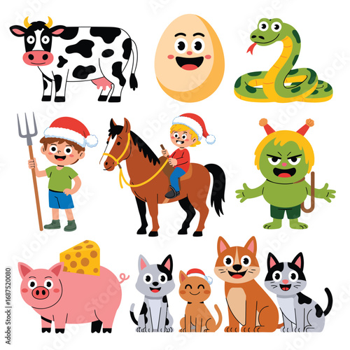 Collection of cute cartoon farm animals and characters
