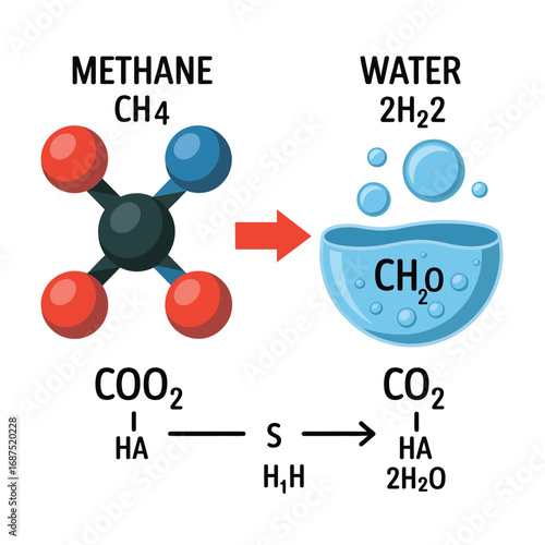 Chemical reaction showing methane converting to carbon dioxide and water