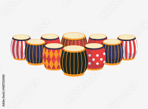 Collection of diverse colorful hand drums arranged in a group on a white background