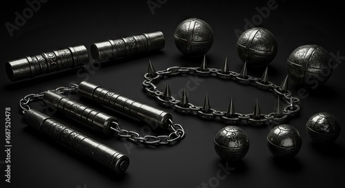 Steel weapons spiked chain orbs nunchucks and cylindrical rods with engravings all against a dark background