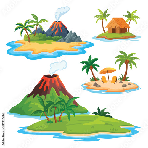Tropical island scenes with volcanoes and beach huts