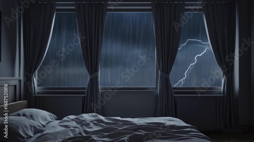 Cozy bedroom with rumpled bed and dark curtains, illuminated by lightning during a stormy night