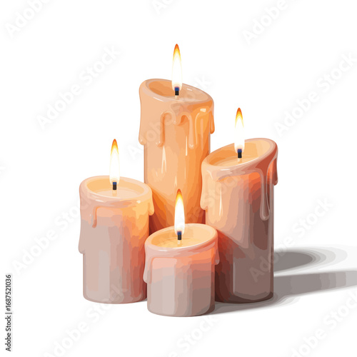 Four lit candles with dripping wax on a white background