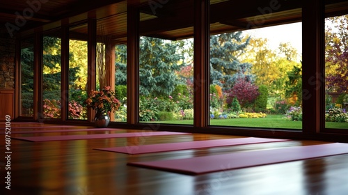 A serene yoga studio with mats, overlooking a beautiful, colorful garden.