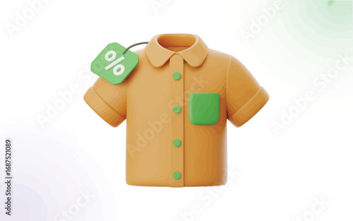 3d illustration of a stylish orange short sleeve shirt with a green discount tag