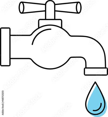 Water faucet with drop, plumbing icon, water conservation concept, flat vector design, minimal style illustration, household utility symbol, clean outline, environmental awareness theme