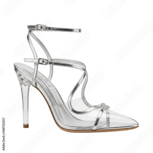 Silver strappy high heel sandal isolated on transparent background