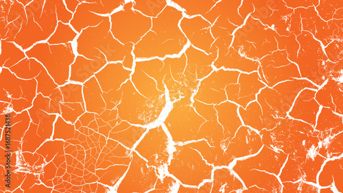 Grunge Orange background with abstract white cracks resembling cracked, dried earth. This rough texture creates a vintage, dramatic, and artistic feel for creative designs or graphic backgrounds.