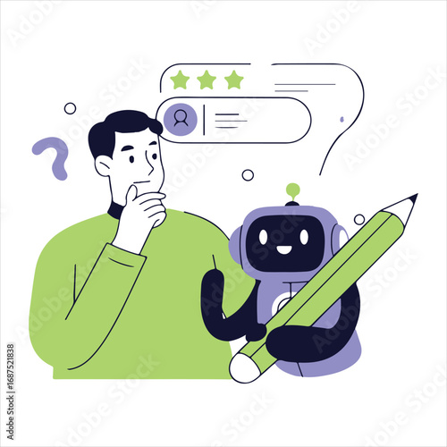 Confused businessman with AI robot showing search results, digital rating and feedback concept illustration for SEO strategy