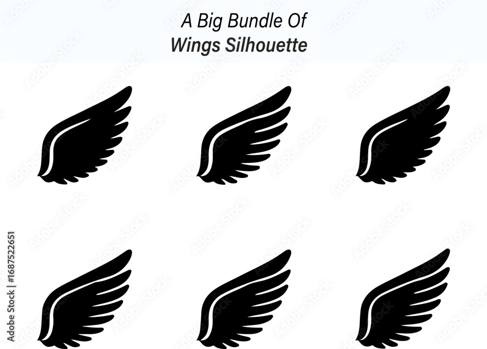 Fototapeta premium Collection of Six Stylized Wings in Black Silhouette Against a White Background silhouette This image