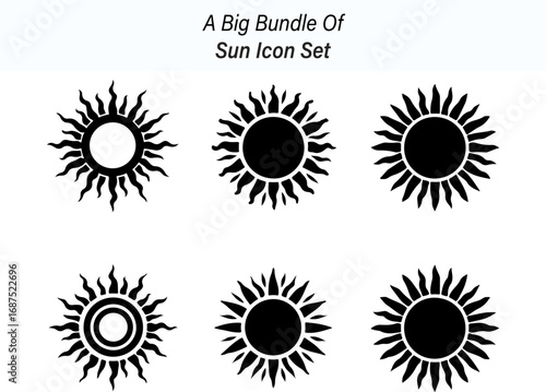 Collection of Six Unique Sun Icons in Black Silhouette Style on White Background silhouette set