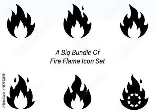 Collection of Six Unique Fire Flame Icon Designs in Black Silhouette Style silhouette set six