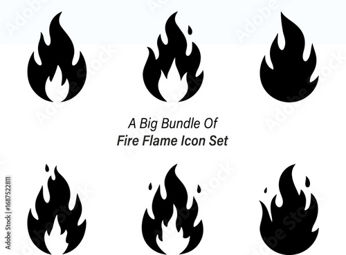 Collection of Six Fire Flame Icons in Black Silhouette Style on White Background silhouette set