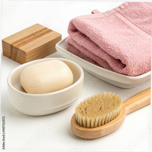 Still life of soap in dish, towel, wooden box, and brush on white surface