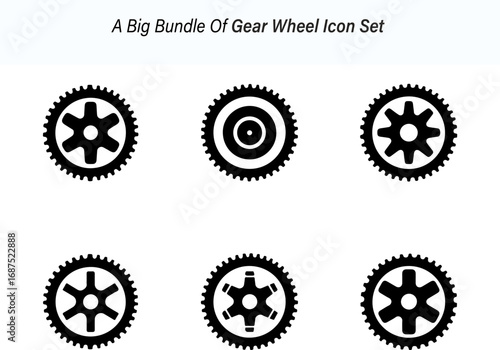 Collection of Six Gear Wheel Icons in Black Silhouette on a White Background silhouette set
