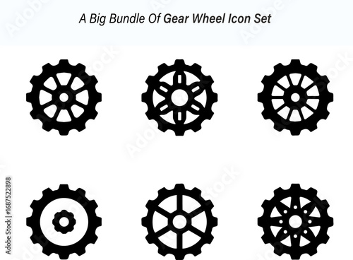 Collection of Gear Wheel Icons in Black Silhouette Style on White Background silhouette set six