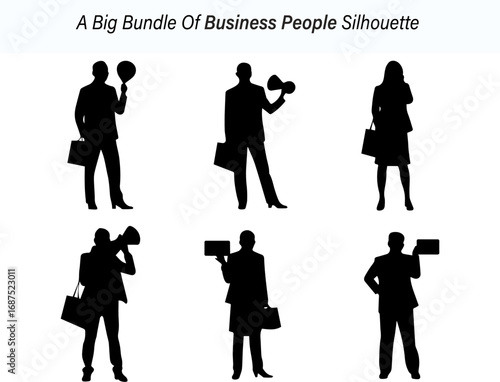 Diverse Business Professionals in Action A Collection of Silhouettes Against a White Background silhouette set