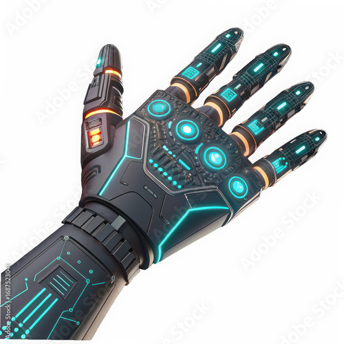 Close up of a futuristic robotic hand with glowing elements on black background