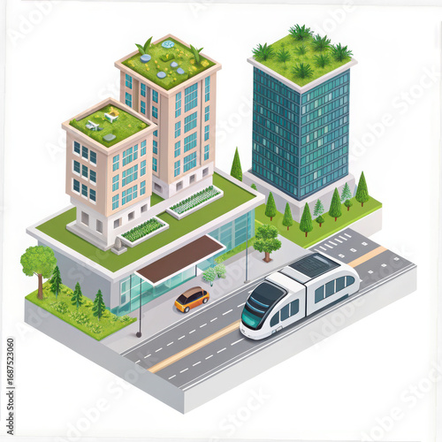 Isometric view of city buildings with green roofs and modern transportation