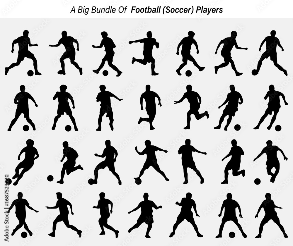 Naklejka premium Collection of Football Players in Various Poses Black Silhouettes on White Background silhouette set soccer