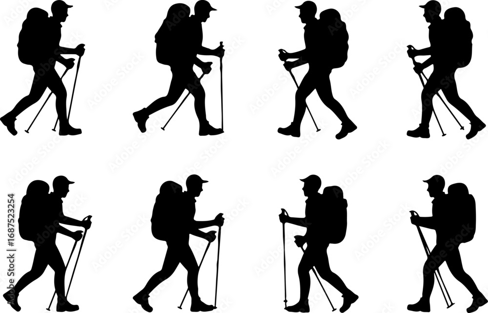 Obraz premium Mountain Tree and Silhouette Collection of Hikers with Backpacks and Trekking Poles