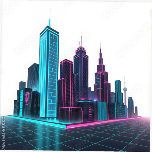 A futuristic cityscape with glowing neon outlines on a grid landscape view