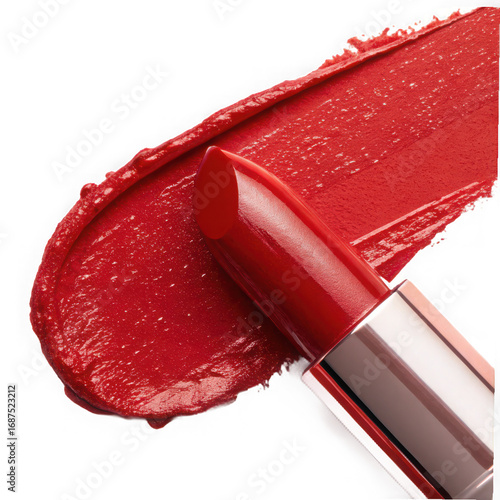 Close up of a red lipstick with a smear of lipstick on a black background