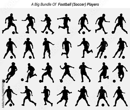 Collection of Football Players in Various Poses Black Silhouettes on White Background silhouette set soccer