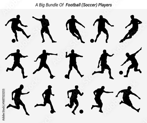 Dynamic Collection of Football or Soccer Players in Action Poses as a Silhouette set fifteen