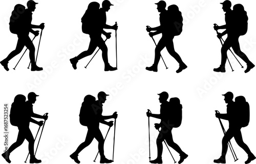 Mountain Tree and Silhouette Collection of Hikers with Backpacks and Trekking Poles