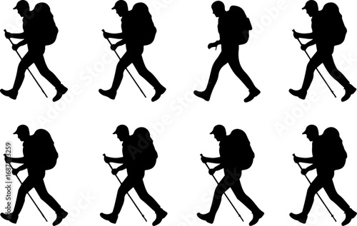Mountain Tree and Silhouette Collection of Hikers with Backpacks and Trekking Poles