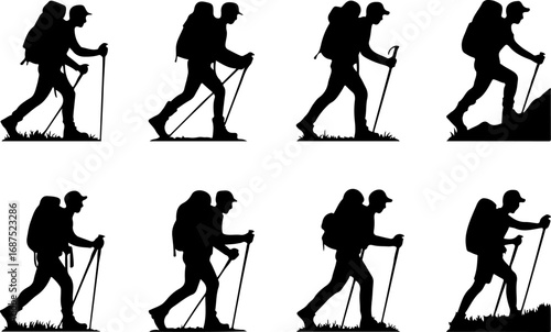 Mountain Tree and Silhouette Collection of Hikers with Backpacks and Trekking Poles