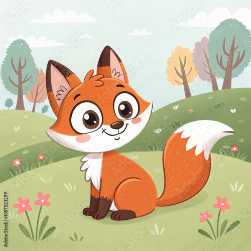 Cartoon fox sitting in a field with trees and flowers in the background