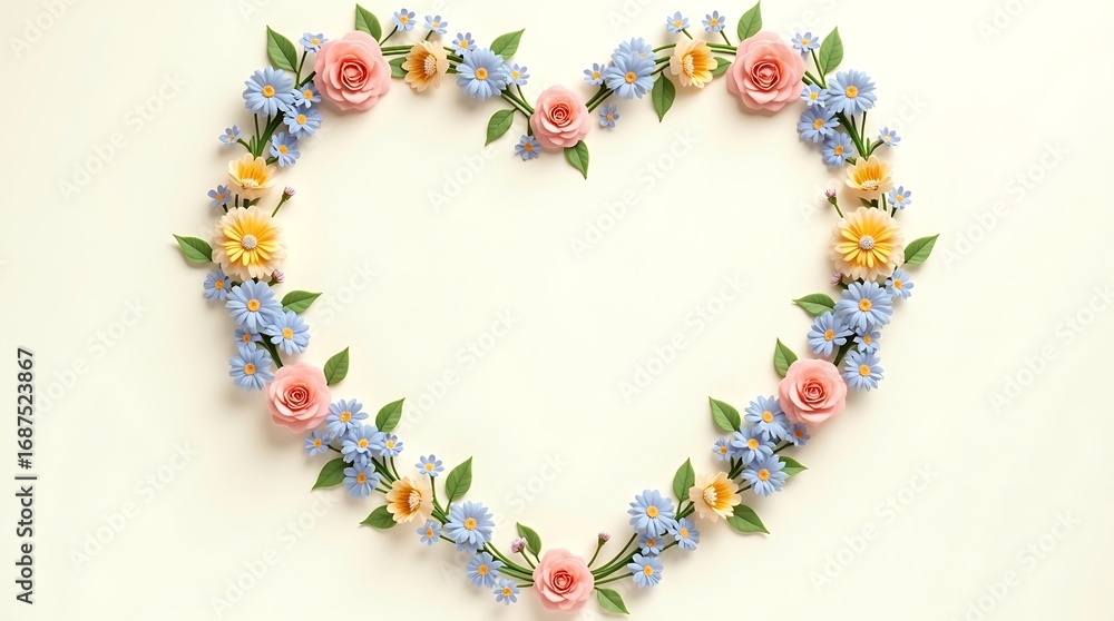 Obraz premium Delicate heart shaped floral wreath composed of soft pink roses blue delphiniums and yellow blossoms on a light background