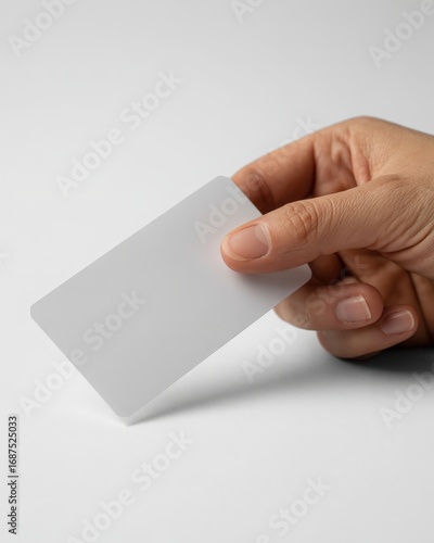 Close up of a hand holding a blank white card or credit card on a light surface