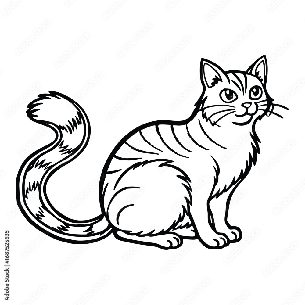 Obraz premium Silhouette of Cat sitting with curled tail isolated on a white background