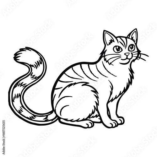 Silhouette of Cat sitting with curled tail isolated on a white background