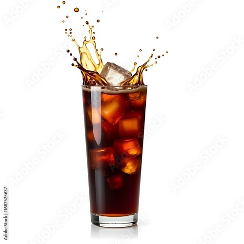 Refreshing iced coffee splash in a tall glass with ice cubes and droplets on a white background