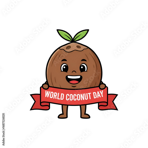 A cute coconut mascot holding a red banner that says World Coconut Day